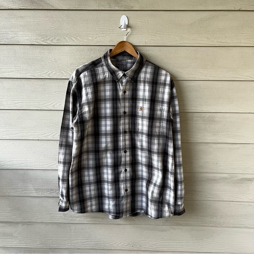 Carhartt Men’s XL Plaid Button Down Shirt Black Gray White Cotton Workwear